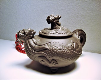Vintage Ornate Chinese Clay Dragon Teapot: Signed Relief Sculpture