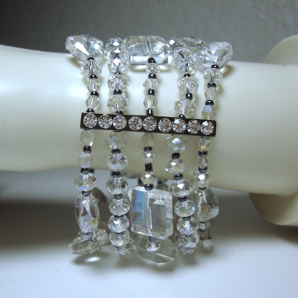 Vintage M.HASKELL CRYSTAL BRACELET - Multi (5) Strands, Faceted Square & Round Glass Crystal Stretch Bracelet - By Miriam Haskell, N.W.T.