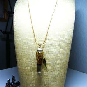Vintage FABERGE WHISTLE PENDANT - Glass/Gold Accents Faberge Perfume Whistle Pendant, 24&quot; Gold-Tone, Stainless Chain Necklace - Original Tag