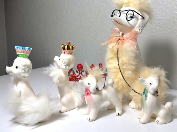 Vintage Faux Fur Poodle Figurines – Mom With Glasses, Crowned