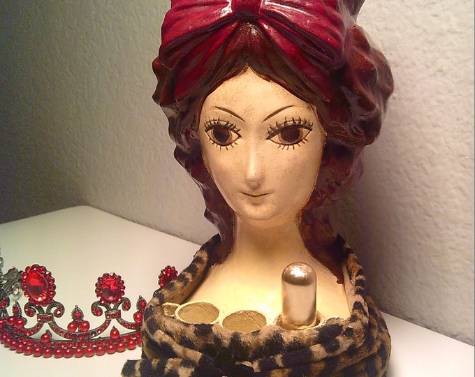Vintage LADY LIPSTICK HOLDER Large Brown & Red Lady Bust Paper Mache