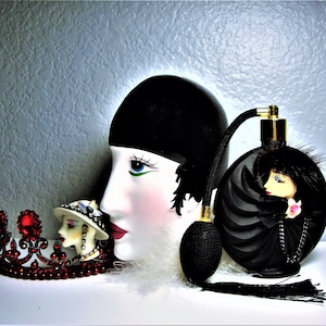 Vintage DECO LADIES BUNDLE - Art Deco Lady: w/ Feather Boa Wall Plaque, Lady Feather Hat Glass Perfume Bottle, Deco Rhinestone Lady Brooch