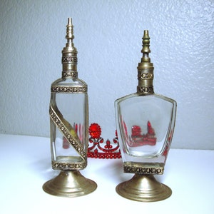 Vintage MOROCCAN PERFUME BOTTLES - Pair Clear Glass & Silver Overlay Moroccan Perfume-Fragrance-Oil Sprinkler Bottles - Ornate Pedestal Base