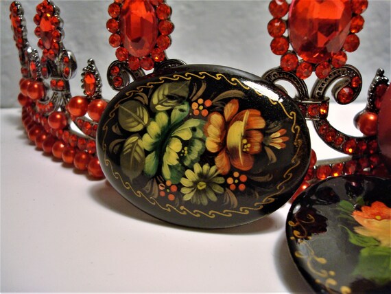 Vintage HANDPAINTED RUSSIAN BROOCHES (3) - Round … - image 2