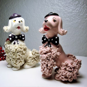 Vintage SPAGHETTI POODLE COUPLE - Miniature White and Pink Spaghetti Poodle Couple, Purple & Black Polka Dot Hats/Bow Ties - Stand 3.5&quot; H