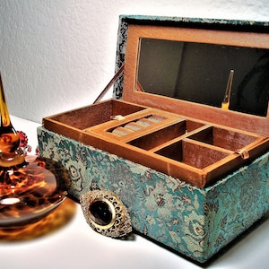 Vintage JEWELRY BOX & ACCESSORIES -  Tortoise Shell Motif: Beaded-Blue-Green Fabric Covered Jewelry Box - Perfume Bottle - Faceted Brooch