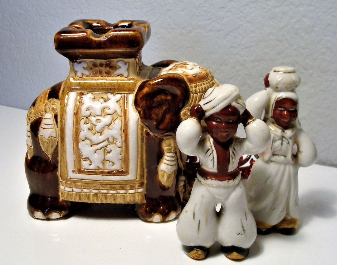 Vintage ELEPHANT & ARABIAN FIGURINES - Ceramic Brown/white Elephant ...