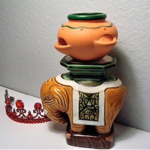 Vintage ELEPHANT STAND & PLANTER - Ceramic Terra-Cotta and Green Elephant Stand By Enesco and Clay Succulent Planter