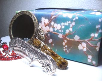 Vintage Mirror, Dragon Comb & Floral Pouch Set