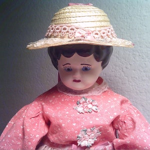 Vintage COUNTRY PORCELAIN DOLL - Porcelain 19&quot; Long Doll with Straw-Flowers & Ribbons Hat, Pink Flowered  Dress and Attached White Apron