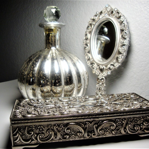 Vintage SILVER BOUDOIR DECOR - Large Faux Silver-Mercury Glass Perfume Bottle - Godinger Jewelry Box - Rhinestone Hand Mirror Wall  Hanging