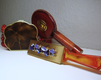 Vintage Purse Accessory Trio: Tortoise Compact, Lipstick Holder, Rhinestone Comb