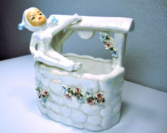 Vintage Iridescent Lusterware Pixie Planter - Wishing Well Decor