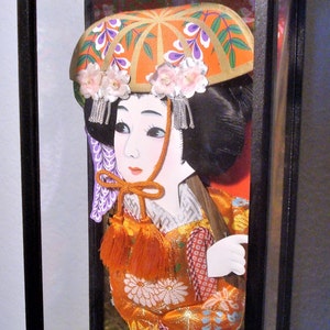 Vintage GEISHA PADDLE in CASE - Hagoita Geisha Paddle, Glass/Glossy Black-Metallic Lacquer Case, Ornate Tassels, Flowers, Foil & Faux Hair