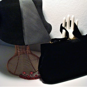 Vintage BLACK HAT & HANDBAG - Velvety Black Cloche, Ribbon Accent Hat, Size 22.5, By Union Made with Black Velvet Handbag by Bobbie Jerome