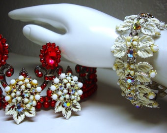 Vintage Enamel Aurora Borealis Jewelry Set: Silver Bracelet & Clip-on Earrings