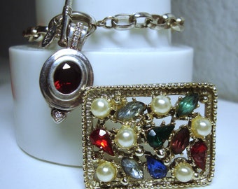 Vintage Rhinestone Charm Bracelet & Fruit Salad Brooch Set
