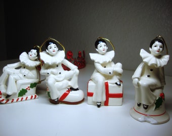 Vintage PIERROT CLOWN ORNAMENTS (4) - Porcelain Black and White Pierrot Clown Christmas Ornaments Holly Accents - Box, Bell, Boot & Sled