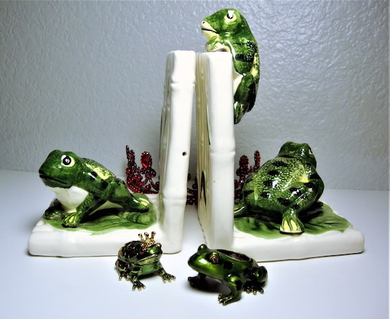 Vintage Frog Decor Gift: Enesco Bookends, Monet Trinket Box, Enamel Magnifier