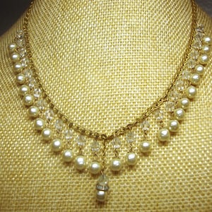 Vintage MIRIAM HASKELL NECKLACE - Dangling Faux Baroque and Crsytal Beaded Brass Tone Necklace - Measures 16&quot; Long - Signed Miriam Haskell