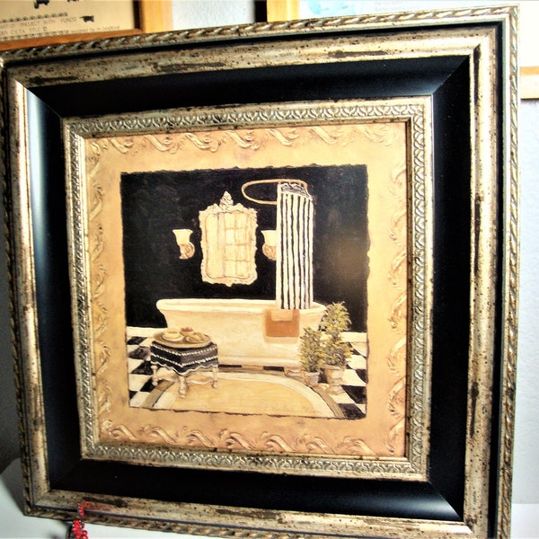 Vintage C.W.OLSON BOUDOIR PRINT - Maison Bath-2 Print 11.5" Sq, Ornate Black & Gold 19" Sq, 3" Wide Frame - Non-Glare Glass - Ready to Hang