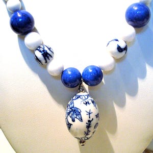 Vintage ORIENTAL BEADED NECKLACE - Unique Blue & White Oriental Porcelain Beaded Necklace - 20&quot; Long Necklace - Toggle Clasp