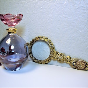 Vintage PERFUME BOTTLE & MAGNIFIER - Purple/Pink Glass Flower Perfume Bottle and Purple Petal Flower Bronze/Rhinestones Magnifying Glass