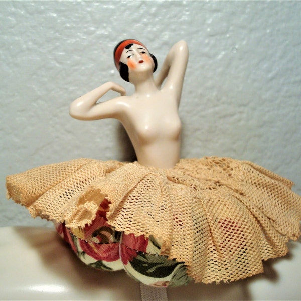 Vintage 1/2-DOLL WRIST PINCUSHION - Flapper Half Doll Porcelain, Unique Arms Up, Crocheted Skirt, Pin-Cushion Elastic Wrist Band - Handmade