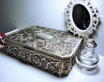 Vintage Vanity Decor Bundle: Godinger Jewelry Box, Perfume Bottle, Rhinestone Mirror
