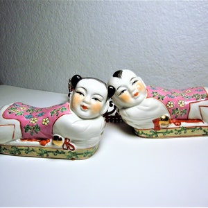 Vintage PAIR OPIUM PILLOWS - Hand Painted Pair Girl & Boy Opium Pillows/Headrests - Measure 6.5&quot; Long - 3.5&quot; High - 2&quot; Deep