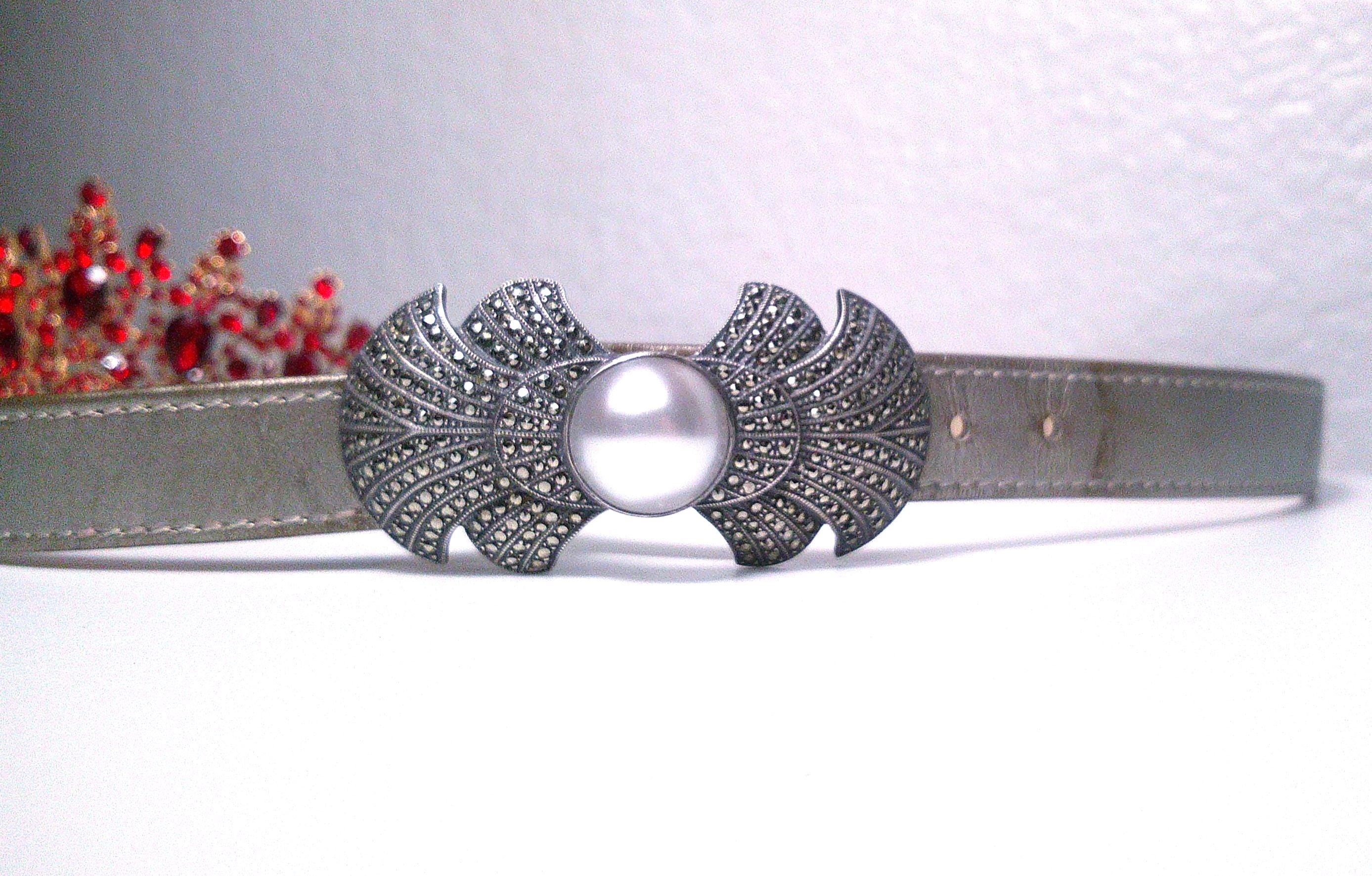 Vintage Marcasite Sterling Silver Belt: Faux Pearl Buckle  display picture 1