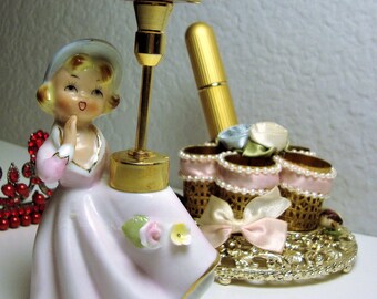 Vintage DeVilbiss Perfume Bottle Trio: Lady Parasol, SF Lipstick Holder, Gold Atomizer