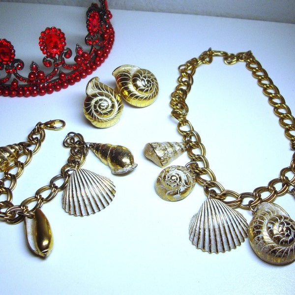 Vintage FERNANDO ORIGINALS JEWELRY - Gold Plated, Frosted White Metal Seashell Charm Necklace, Bracelet and Earrings - By Fernando Originals