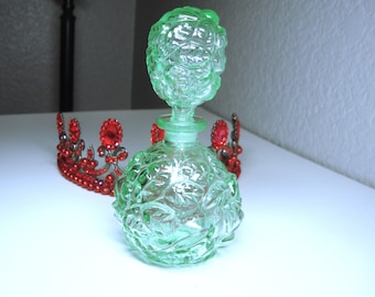 Vintage Green Crystal Perfume Bottle: Faceted Floral I. Rice Co.