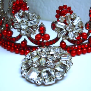 Vintage WEISS EARRINGS & BROOCH - Cubic Zirconia Crystal Baugette and Round Rhodium Plated Brooch and Clip-On Earrings Set - Signed By Weiss