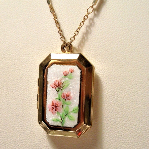 Vintage RECTANGLE GUILLOCHE LOCKET - G.P. White Enamel & Pink Flowers Rectangle Guilloche Locket Pendant on Chain Necklace - By 1928 Company