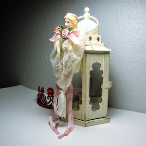 Vintage WHITE LANTERN & ORNAMENT - Shabby-Chic White Metal/Glass Lantern and Porcelain Lace, Ribbon and Faux Pearls Doll, Fairy Ornament