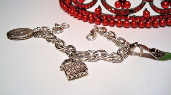 Miriam Haskell Charm Bracelet: Silvertone Locket,… - image 8