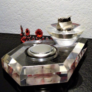 Vintage Working LUCITE LIGHTER & ASHTRAY - Working Round Lucite Lighter, By Evans and Pentagon Shaped Lucite Ashtray with Chrome Insert