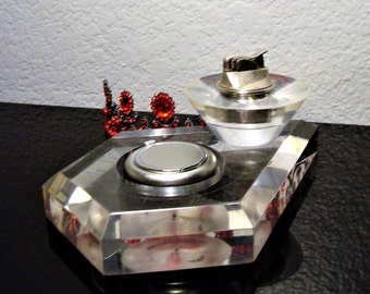 Vintage Working LUCITE LIGHTER & ASHTRAY - Working Round Lucite Lighter, By Evans and Pentagon Shaped Lucite Ashtray with Chrome Insert