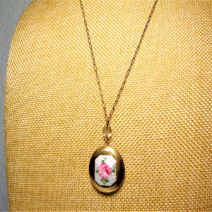 Vintage GUILLOCHE BRASS LOCKET - White Enamel Guilloche, Handpainted Red Rose & Brass Locket Pendant, Antique Brass 22&quot; Long Chain Necklace