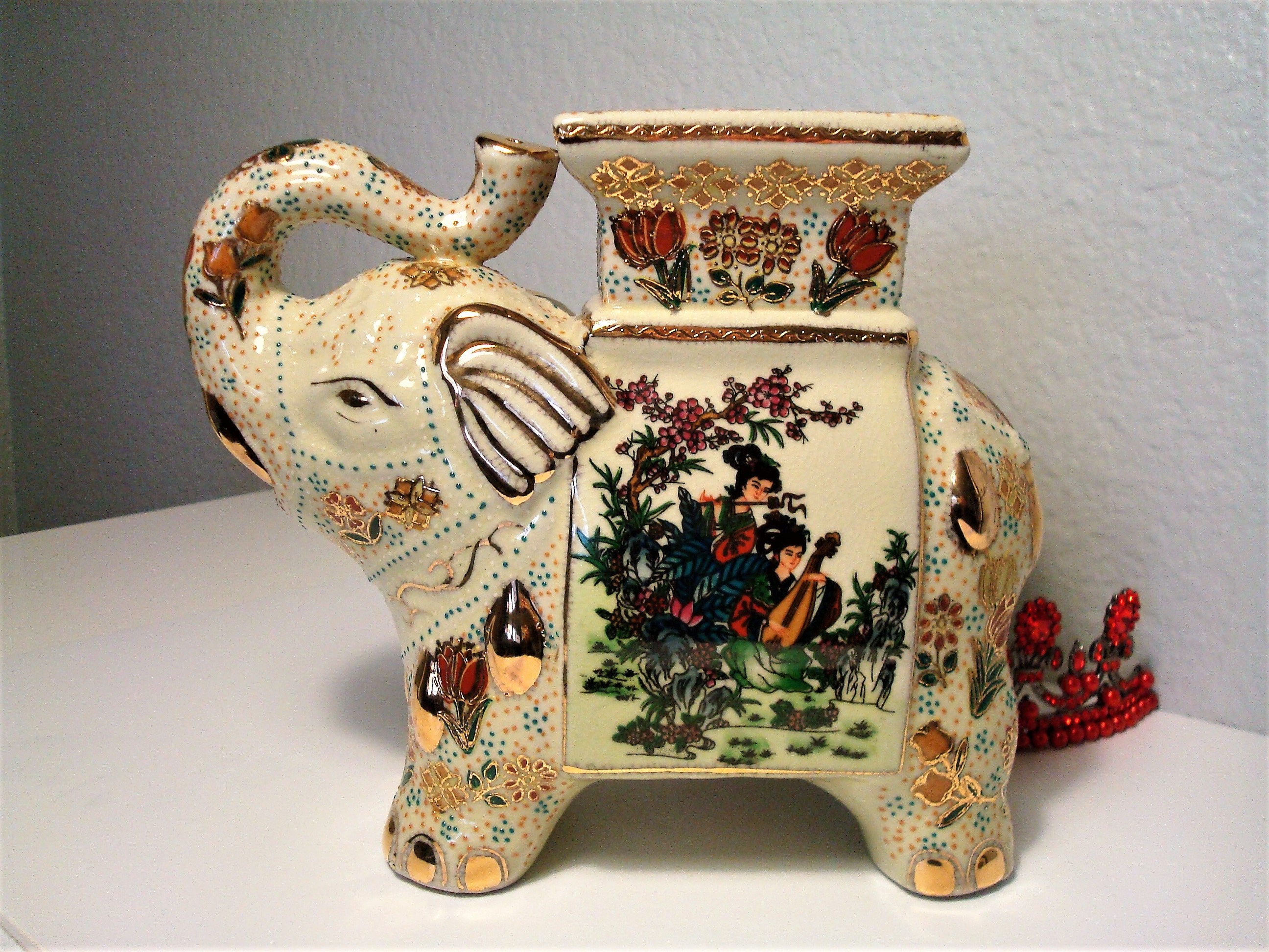 Vintage SATSUMA ELEPHANT STAND Ornate Asian Ivorycolored Etsy