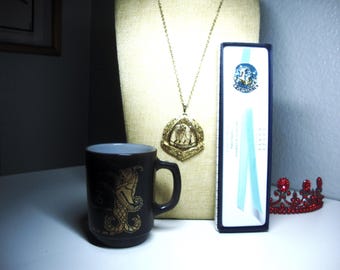 Vintage Capricorn Zodiac Bundle: Mug, Liz Claiborne Bookmark, Pendant Necklace