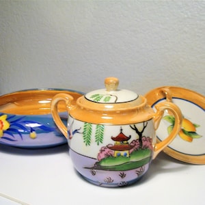 Vintage BLUE & GOLD LUSTERWARE (3) Pieces: Trio Blue and Gold Lusterware Daffodil Bowl, Pagoda Sugar Bowl W/ Lid and Lemon Plate w/ Handle