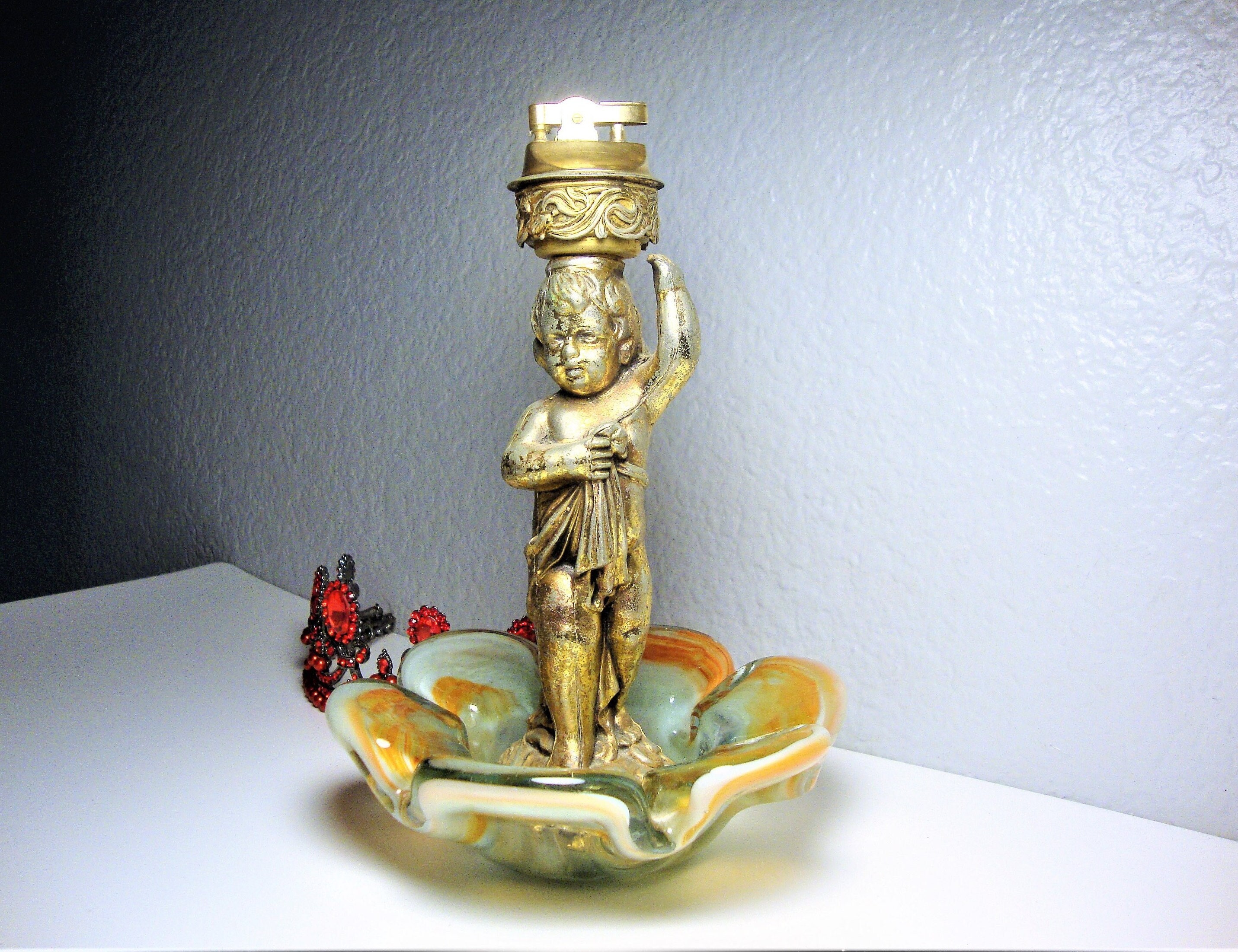 Vintage Gilded Cherub Lighter Ashtray – Art Glass Flower, Working