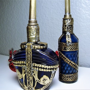 Vintage BLUE MOROCCAN BOTTLES - Pair of Blue Glass Moroccan Perfume and Oil Sprinkler Bottles with Brass Filigree Overlay and Sprinkler Cap