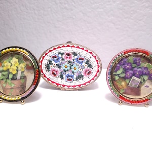 Vintage MOSAIC FRAMES & BOX - Micro Mosaic Round 2&quot; H Multicolor Glass/Brass Frames - Micro Mosaic Glass Oval Floral Motif S.P. 2.5&quot; W Box