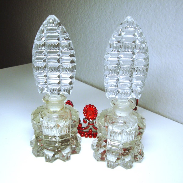 Vintage IMPERIAL PERFUME BOTTLES - Pair of Imperial Cut-Glass Geometric Perfume Bottles - Thick and Heavy Glass - Measure 7" High & 3" Wide