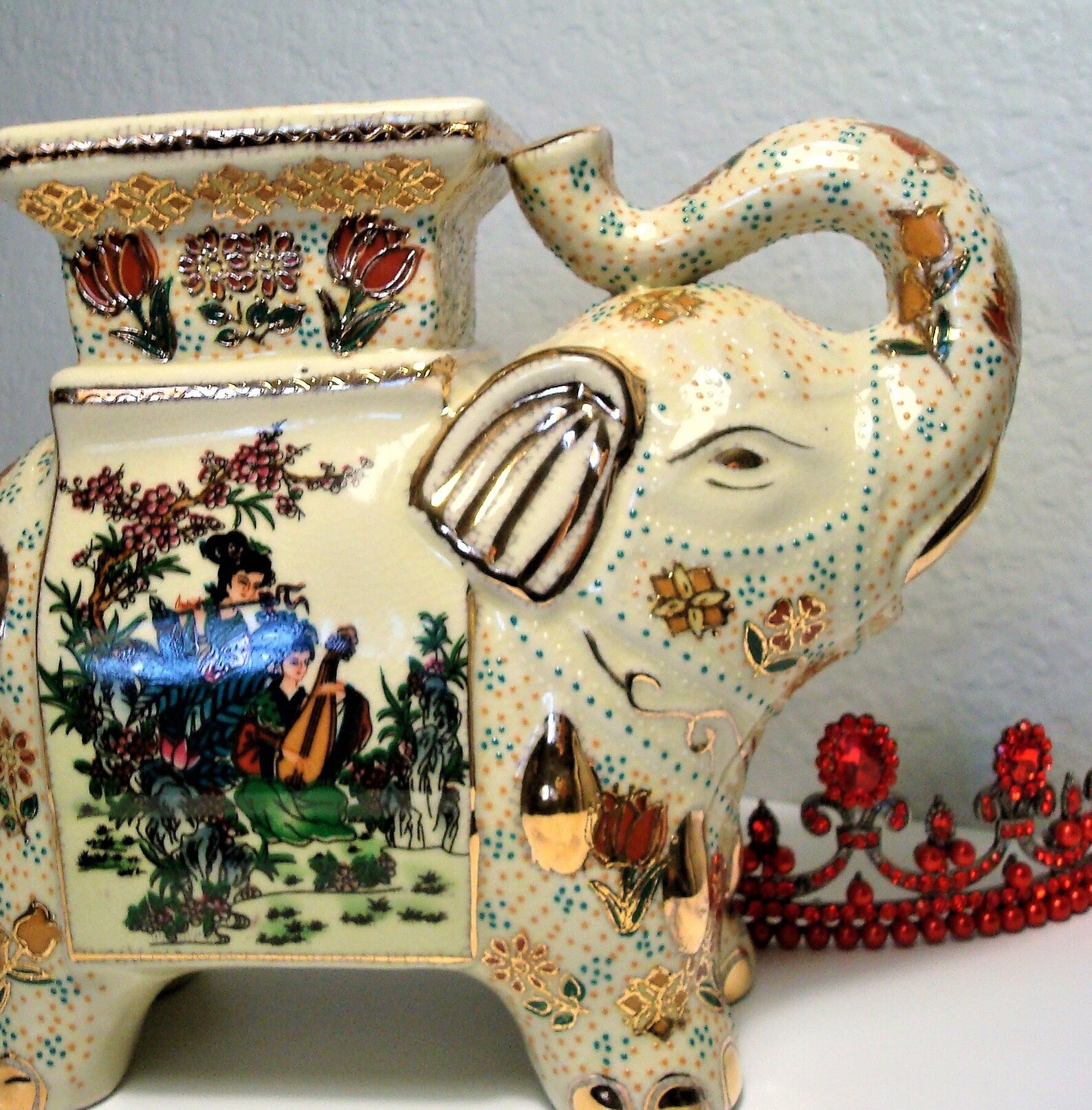 Vintage SATSUMA ELEPHANT STAND Ornate Asian Ivorycolored Etsy