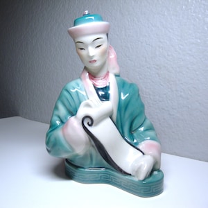Vintage S.SCOTT CHINESE POET - Chinese Poet with Scroll Statue - White, Blue with Pink Accents - By Sylvia Scott for Goldscheider